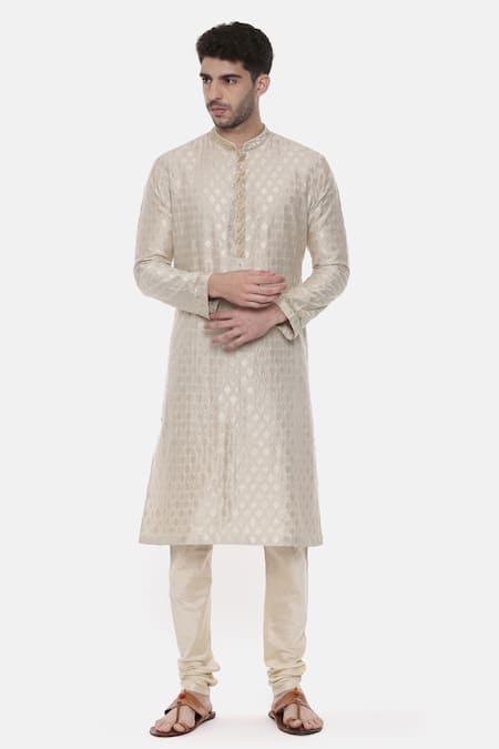 Buy_Mayank Modi - Men_Beige Banarasi Silk Brocade Floral Kurta Set _Online_at_Aza_Fashions