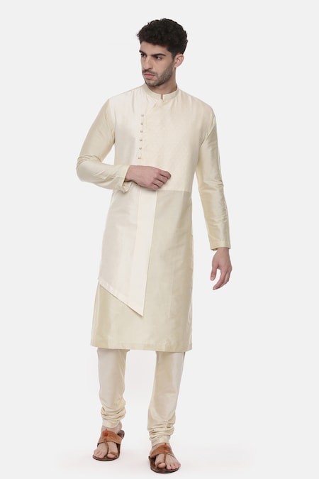 Mayank Modi - Men Beige Silk Cotton Embroidered Floral Kurta Set 