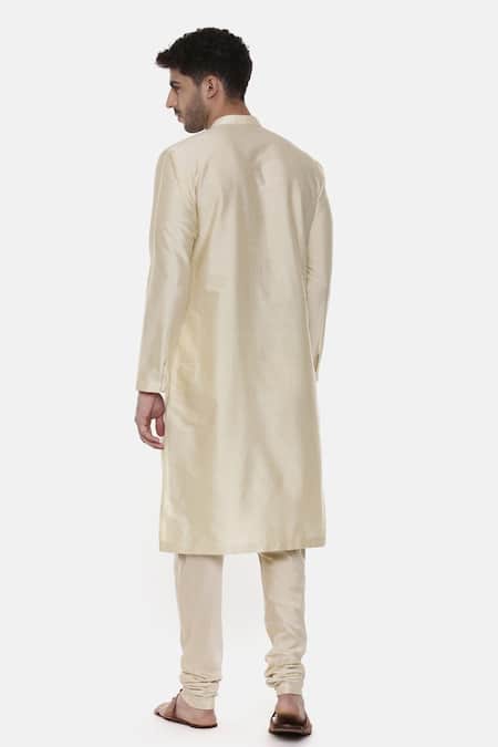 Shop_Mayank Modi - Men_Beige Chanderi, Silk Cotton Floral Embroidered Kurta Set _at_Aza_Fashions