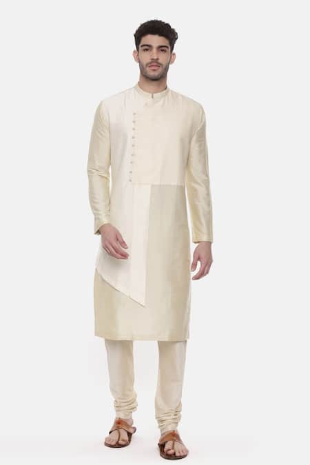 Buy_Mayank Modi - Men_Beige Chanderi, Silk Cotton Floral Embroidered Kurta Set _Online_at_Aza_Fashions