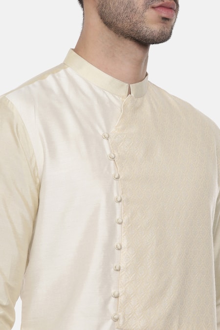 Mayank Modi - Men_Beige Chanderi, Silk Cotton Floral Embroidered Kurta Set _at_Aza_Fashions