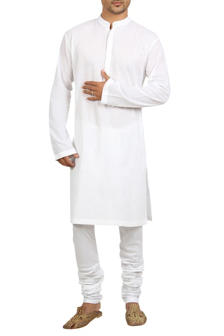 Mayank Modi - Men White Cotton Embroidered Stitch Line Pintuck Kurta With Churidar