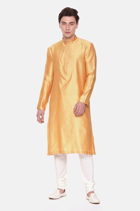 Mayank Modi - Men Yellow Cotton, Silk Embroidery Geometric Pattern Kurta Set For Kids Online at Aza Fashions Mayank Modi - Men_Yellow Cotton, Silk Embroidery Geometric Pattern Kurta Set For Kids_Online_at_Aza_Fashions
