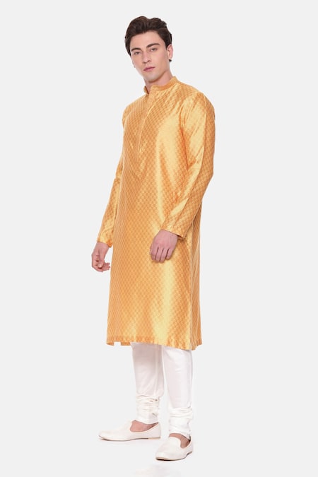 Shop Mayank Modi - Men Yellow Cotton, Silk Embroidery Geometric Pattern Kurta Set For Kids Online at Aza Fashions Shop_Mayank Modi - Men_Yellow Cotton, Silk Embroidery Geometric Pattern Kurta Set For Kids_Online_at_Aza_Fashions