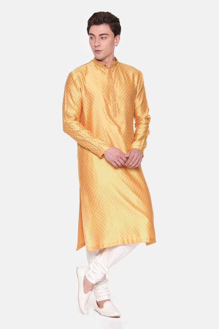 Mayank Modi - Men Yellow Cotton, Silk Embroidery Geometric Pattern Kurta Set For Kids at Aza Fashions Mayank Modi - Men_Yellow Cotton, Silk Embroidery Geometric Pattern Kurta Set For Kids_at_Aza_Fashions