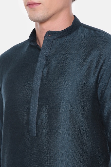 Buy_Mayank Modi - Men_Blue Cotton Satin, Cotton, Silk, Jacquard Embroidery Chevron Pattern Kurta Set _Online_at_Aza_Fashions