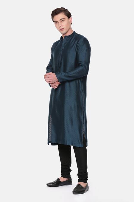 Shop_Mayank Modi - Men_Blue Cotton Satin, Cotton, Silk, Jacquard Embroidery Chevron Pattern Kurta Set _Online_at_Aza_Fashions
