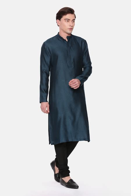 Mayank Modi - Men_Blue Cotton Satin, Cotton, Silk, Jacquard Embroidery Chevron Pattern Kurta Set _at_Aza_Fashions