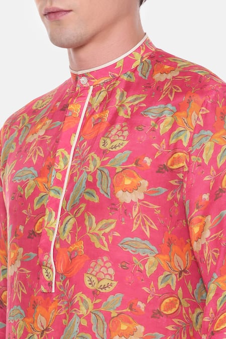 Mayank Modi - Men Pink Muslin Embroidery Floral Print Kurta And Churidar Set Online at Aza Fashions Mayank Modi - Men_Pink Muslin Embroidery Floral Print Kurta And Churidar Set _Online_at_Aza_Fashions