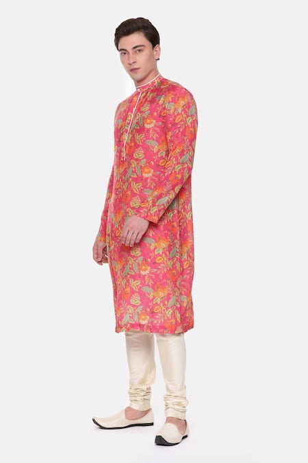 Buy Mayank Modi - Men Pink Muslin Embroidery Floral Print Kurta And Churidar Set Online at Aza Fashions Buy_Mayank Modi - Men_Pink Muslin Embroidery Floral Print Kurta And Churidar Set _Online_at_Aza_Fashions