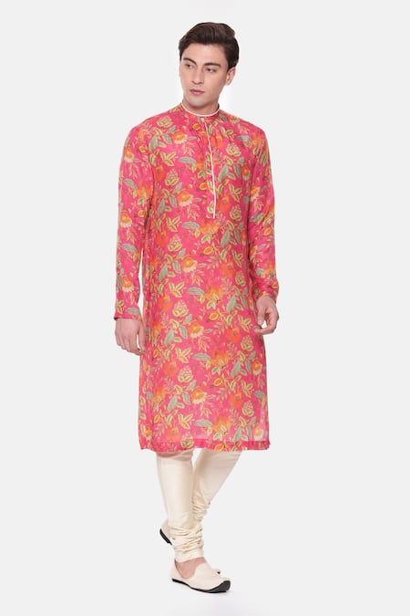 Shop Mayank Modi - Men Pink Muslin Embroidery Floral Print Kurta And Churidar Set Online at Aza Fashions Shop_Mayank Modi - Men_Pink Muslin Embroidery Floral Print Kurta And Churidar Set _Online_at_Aza_Fashions