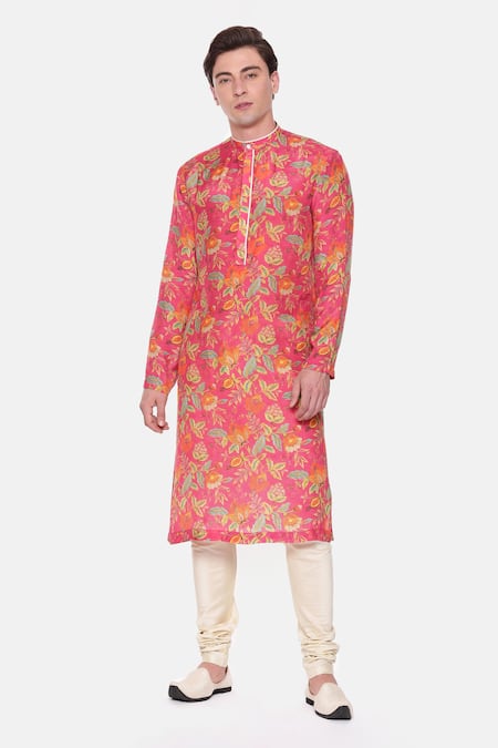 Mayank Modi - Men Pink Muslin Embroidery Floral Print Kurta And Churidar Set at Aza Fashions Mayank Modi - Men_Pink Muslin Embroidery Floral Print Kurta And Churidar Set _at_Aza_Fashions