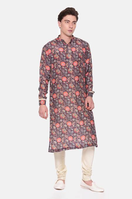 Mayank Modi - Men_Wine Muslin Printed Botanical Kurta Set _Online_at_Aza_Fashions