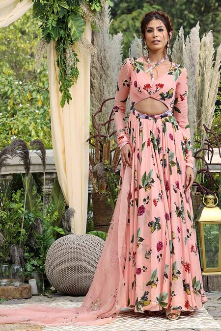 Mahima Mahajan_Pink Organza, Chinnon, Shantoon Floral Print Anarkali With Dupatta_Online_at_Aza_Fashions
