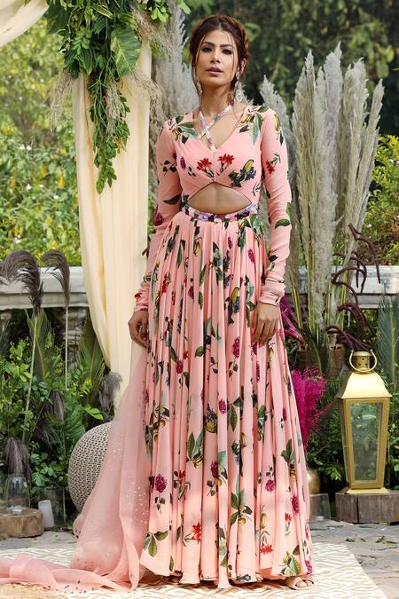 Buy_Mahima Mahajan_Pink Organza, Chinnon, Shantoon Floral Print Anarkali With Dupatta_Online_at_Aza_Fashions