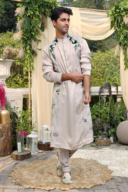 Mahima Mahajan Green Modal Satin, Glace Cotton Embellished Kurta And Pant Set Online at Aza Fashions Mahima Mahajan_Green Modal Satin, Glace Cotton Embellished Kurta And Pant Set_Online_at_Aza_Fashions