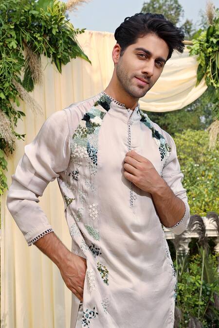 Shop Mahima Mahajan Green Modal Satin, Glace Cotton Embellished Kurta And Pant Set Online at Aza Fashions Shop_Mahima Mahajan_Green Modal Satin, Glace Cotton Embellished Kurta And Pant Set_Online_at_Aza_Fashions