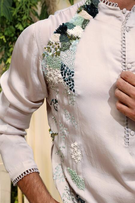 Mahima Mahajan Green Modal Satin, Glace Cotton Embellished Kurta And Pant Set at Aza Fashions Mahima Mahajan_Green Modal Satin, Glace Cotton Embellished Kurta And Pant Set_at_Aza_Fashions