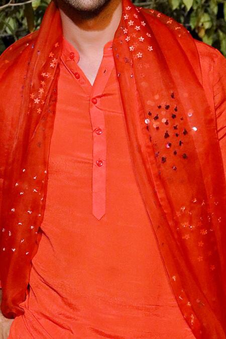 Shop Mahima Mahajan Orange Chinnon, Glace Cotton Kurta Set With Embellished Dupatta Online at Aza Fashions Shop_Mahima Mahajan_Orange Chinnon, Glace Cotton Kurta Set With Embellished Dupatta_Online_at_Aza_Fashions