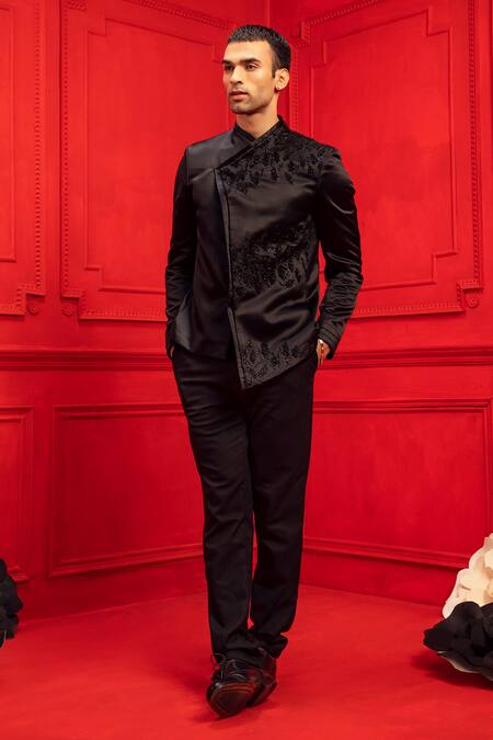 Shop Mahima Mahajan Black Shantoon, Madrid Zayn Overlap Jacket at Aza Fashions Shop_Mahima Mahajan_Black Shantoon, Madrid Zayn Overlap Jacket_at_Aza_Fashions