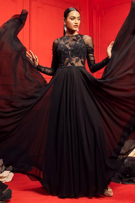 Mahima Mahajan_Black Georgette, Shantoon, Soft Net Round Myra Anarkali Gown _Online_at_Aza_Fashions