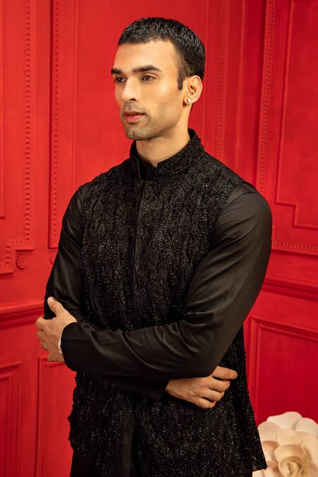 Mahima Mahajan_Black Cotton, Net Embroidered Bundi And Kurta Set _Online_at_Aza_Fashions