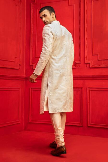 Shop_Mahima Mahajan_White Raw Silk Embroidered Sherwani Set _at_Aza_Fashions