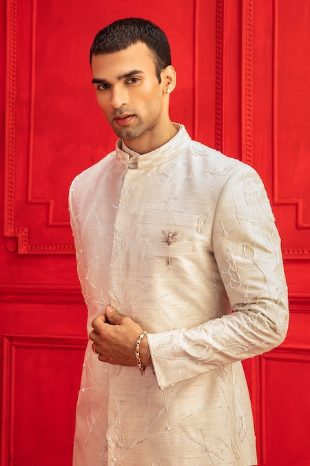 Buy_Mahima Mahajan_White Raw Silk Embroidered Sherwani Set _Online_at_Aza_Fashions