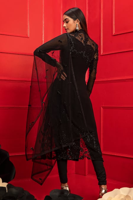 Shop_Mahima Mahajan_Black Net, Crepe, Georgette, Cotton Lycra, Shantoon High Embroidered Kurta Set _at_Aza_Fashions