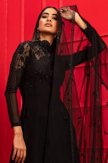 Buy_Mahima Mahajan_Black Net, Crepe, Georgette, Cotton Lycra, Shantoon High Embroidered Kurta Set _Online_at_Aza_Fashions
