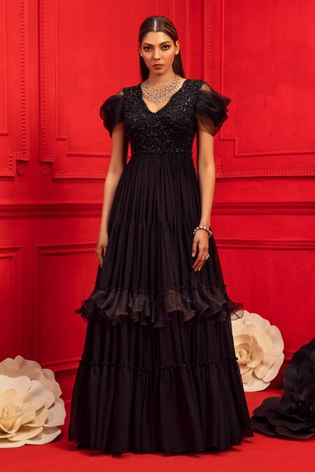 Buy Black Chiffon Embroidery Bead Round Gown For Women by 28 Threads Online  at Aza Fashions.