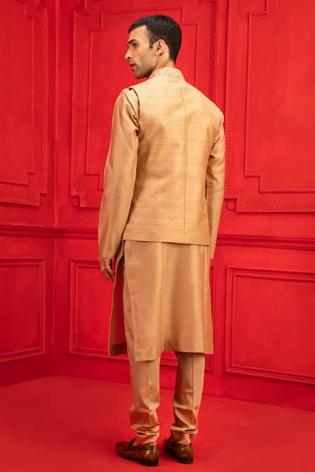 Shop_Mahima Mahajan_Beige Raw Silk, Chanderi, Shantoon Embroidered Bundi And Kurta Set _at_Aza_Fashions