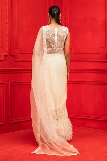 Shop_Mahima Mahajan_White Organza, Net, Crepe, Shantoon, Embroidered Pre-draped Saree With Blouse _at_Aza_Fashions