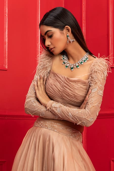 Buy_Mahima Mahajan_Beige Organza Embroidery Square Neck Lehenga Set _Online_at_Aza_Fashions