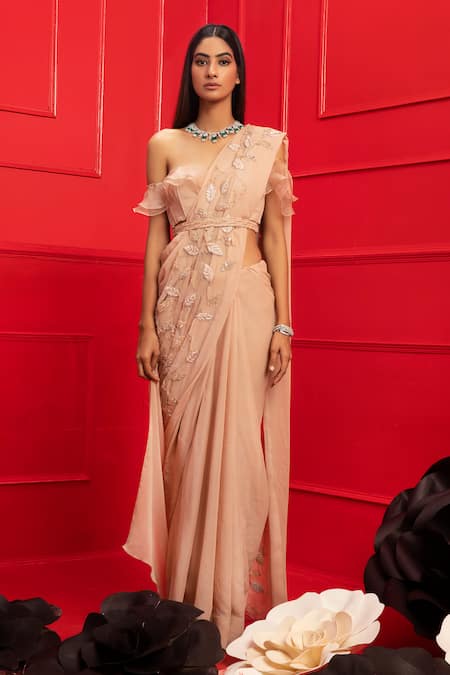 Shop_Mahima Mahajan_Beige Organza, Net, Crepe, Lycra, Shantoon Bardot Embroidered Saree With Blouse _at_Aza_Fashions