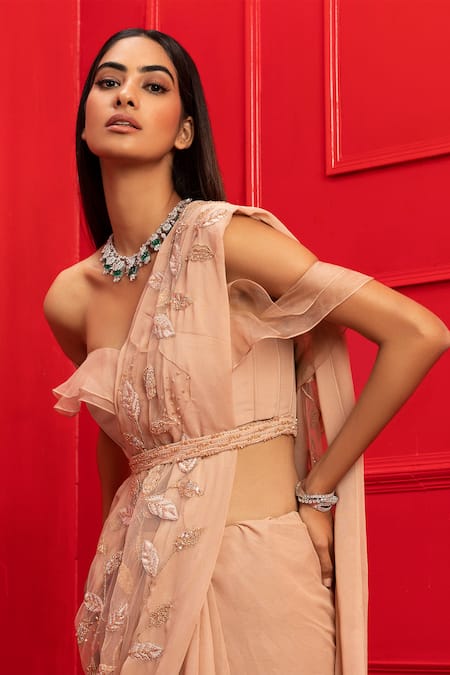 Shop_Mahima Mahajan_Beige Organza, Net, Crepe, Lycra, Shantoon Bardot Embroidered Saree With Blouse _Online_at_Aza_Fashions