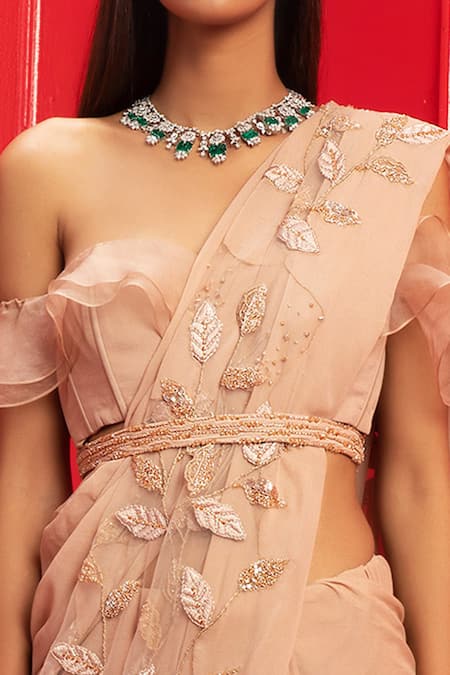 Mahima Mahajan_Beige Organza, Net, Crepe, Lycra, Shantoon Bardot Embroidered Saree With Blouse _at_Aza_Fashions