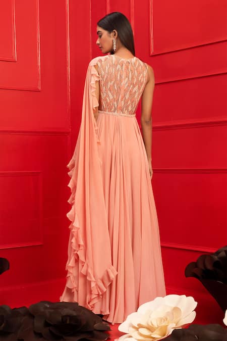 Shop_Mahima Mahajan_Pink Organza, Net, Crepe, Georgette, Embroidered Anarkali With Ruffle Dupatta_at_Aza_Fashions