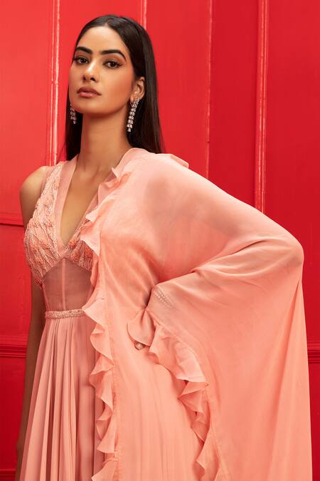 Buy_Mahima Mahajan_Pink Organza, Net, Crepe, Georgette, Embroidered Anarkali With Ruffle Dupatta_Online_at_Aza_Fashions