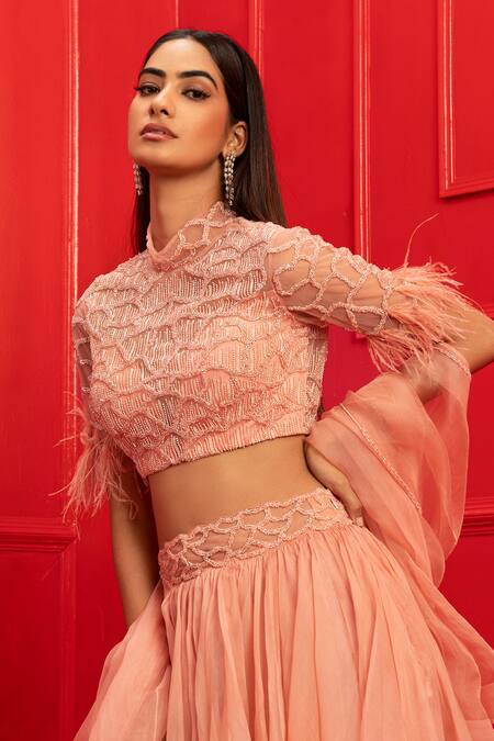 Buy_Mahima Mahajan_Pink Organza, Net, Crepe, Shantoon High Neck Embroidered Blouse And Lehenga Set_Online_at_Aza_Fashions