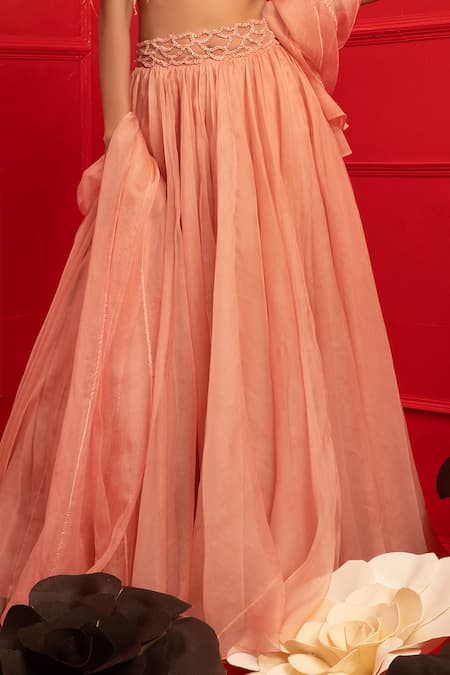 Shop_Mahima Mahajan_Pink Organza, Net, Crepe, Shantoon High Neck Embroidered Blouse And Lehenga Set_Online_at_Aza_Fashions