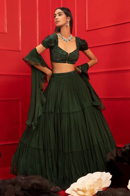 Buy Emerald Green Georgette Lehenga & Crop Top Set with Embroidery