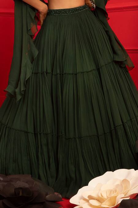 Mahima Mahajan Green Georgette, Modal Satin Shantoon Sweetheart Neck Tiered Lehenga Set at Aza Fashions Mahima Mahajan_Green Georgette, Modal Satin Shantoon Sweetheart Neck Tiered Lehenga Set_at_Aza_Fashions