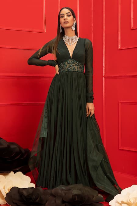 Mahima Mahajan Green Georgette Embroidery V Neck Anarkali With Striped Dupatta 