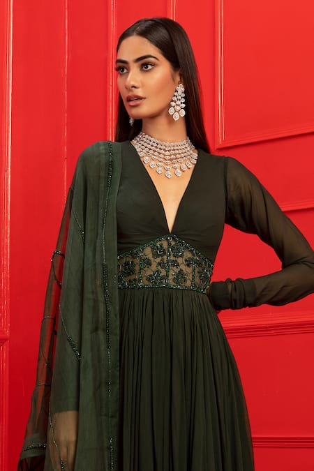 Buy_Mahima Mahajan_Green Organza, Net, Georgette V Neck Embroidered Anarkali With Striped Dupatta_Online_at_Aza_Fashions