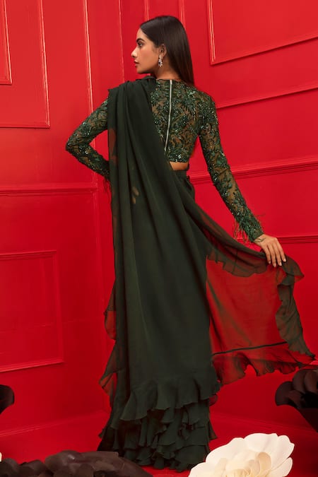 Shop Mahima Mahajan Green Net, Georgette, Lycra Round Ruffle Saree With Embroidered Blouse at Aza Fashions Shop_Mahima Mahajan_Green Net, Georgette, Lycra Round Ruffle Saree With Embroidered Blouse_at_Aza_Fashions