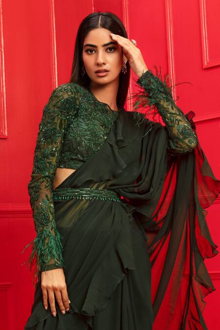 Mali Sarees® Party Wear Fancy Black Flower fok Print Silk Green Saree With  Black Sequence Lace Border & Readymade Stiched Sequence Blouse Price in  India - Buy Mali Sarees® Party Wear Fancy