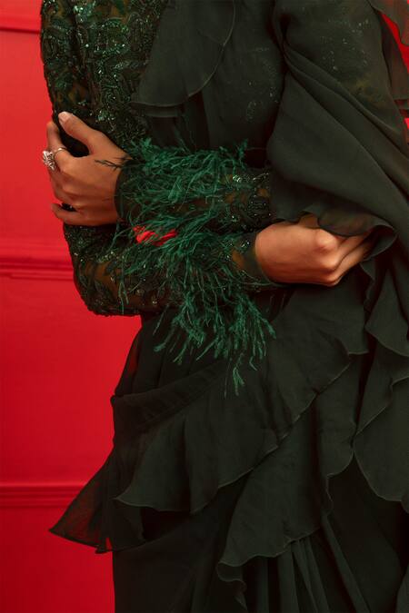 Buy Mahima Mahajan Green Net, Georgette, Lycra Round Ruffle Saree With Embroidered Blouse Online at Aza Fashions Buy_Mahima Mahajan_Green Net, Georgette, Lycra Round Ruffle Saree With Embroidered Blouse_Online_at_Aza_Fashions