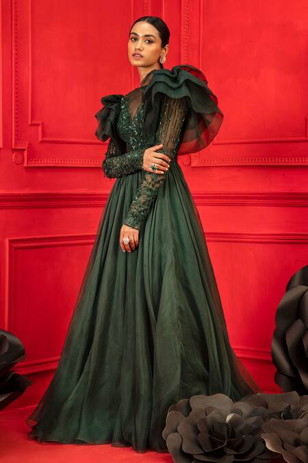 Mahima Mahajan_Green Net Embroidery Round Ruffle Gown _Online_at_Aza_Fashions