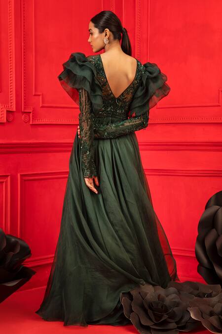 Shop_Mahima Mahajan_Green Net Embroidery Round Ruffle Gown _at_Aza_Fashions